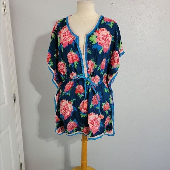Matilda Jane Tunic Top Medium Swim Cover Up Boho Floral Fringe pink blue - Picture 2 of 6